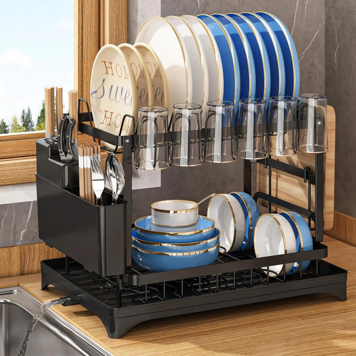 Dish Drying Rack, 1 Count 2-Tier Dish Rack with Drainboard, Countertop Dishes Rack, Dishrack for Kitchen Counter, Dish Drainer Rack, 2-Layer Foldable Tableware Drain Storage Rack, Kitchen Accessories, Home Decor