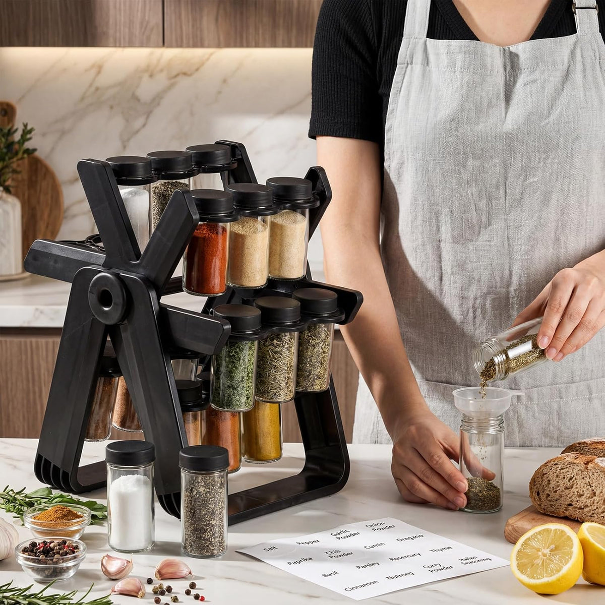 Ferris Wheel Rotating Spice Rack with 18 Empty Jars, Labelled Spice Containers, and Funnel - Revolving Seasoning Organizer for Kitchen Countertop and Cabinet Use