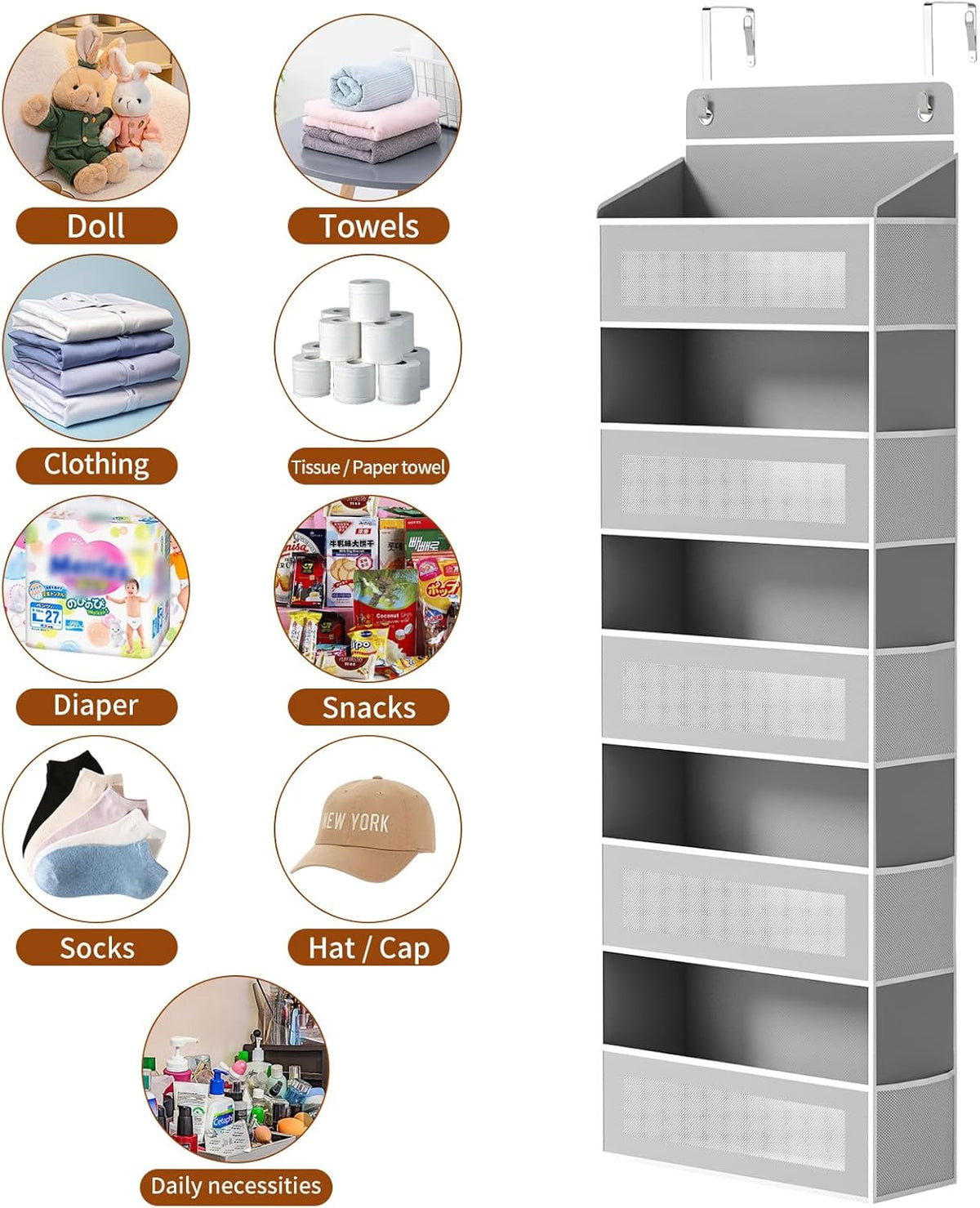 Over the Door Organizer, over the Door Storage with 5 Large 10 Side Pockets, Hanging Door Organizer 44 Lb Load behind Door Storage, Hanging Shelf for Closet Wall Bedroom Bathroom Nursery, 5-Tier Grey