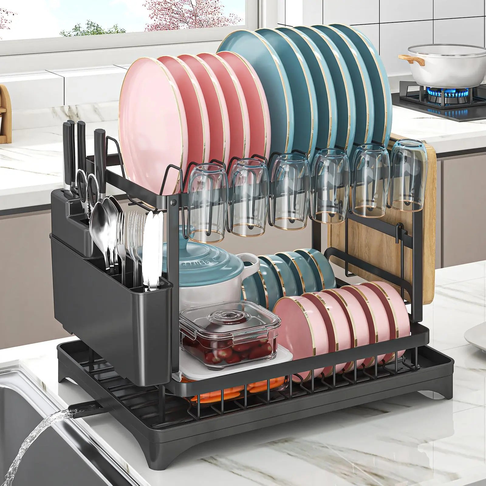 Dish Drying Rack, 1 Count 2-Tier Dish Rack with Drainboard, Countertop Dishes Rack, Dishrack for Kitchen Counter, Dish Drainer Rack, 2-Layer Foldable Tableware Drain Storage Rack, Kitchen Accessories, Home Decor