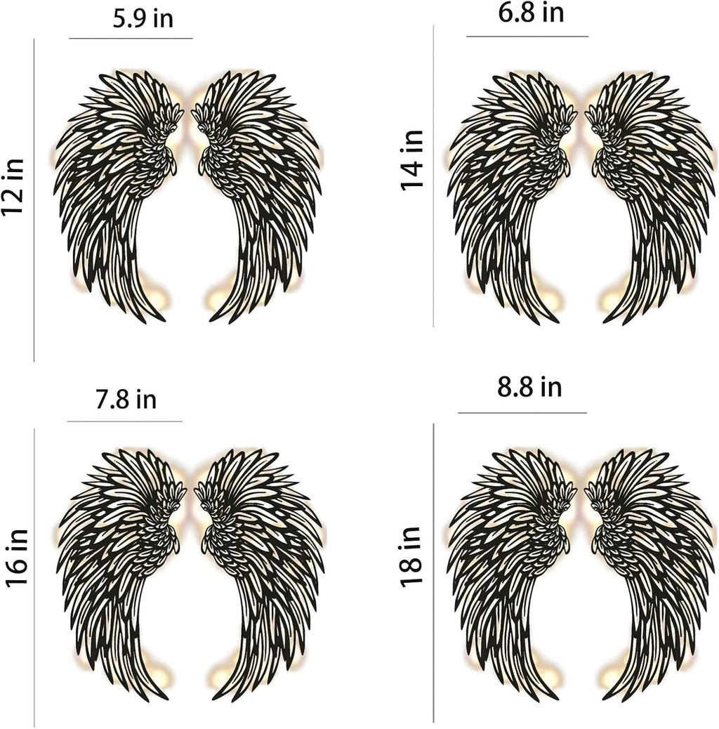 Angel Wings Metal Wall Art Decor with LED Lights - 3D Sculptures for Home, Bedroom, Living Room, Garden, and Office (12 Inches)