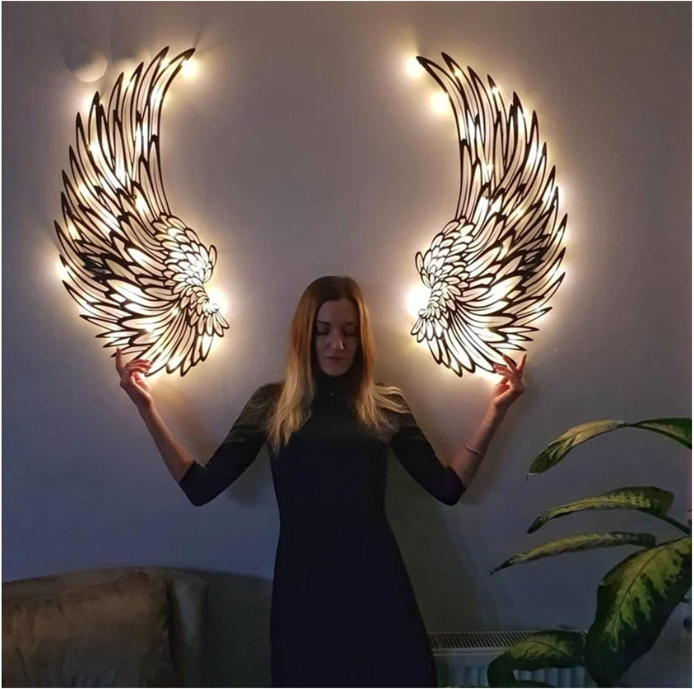 Angel Wings Metal Wall Art Decor with LED Lights - 3D Sculptures for Home, Bedroom, Living Room, Garden, and Office (12 Inches)