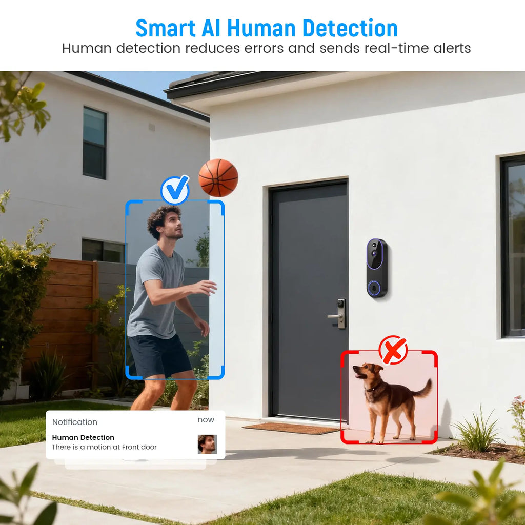 1080P Wireless Video Doorbell Camera, Al Human Detection, Live View, Cloud Storage, Night Vision, Two Way Audio, Instant Alert, 2.4G Wifi Only, Indoor/Outdoor Surveillance Cam for Home Security System