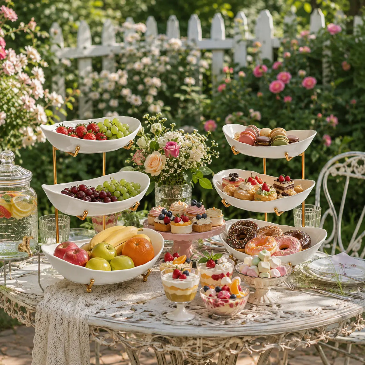 3-Tier Ceramic Fruit Bowl with Metal Stand, Large Countertop Fruit Organizer for Fruits, Vegetables, Snacks, Nuts & Desserts