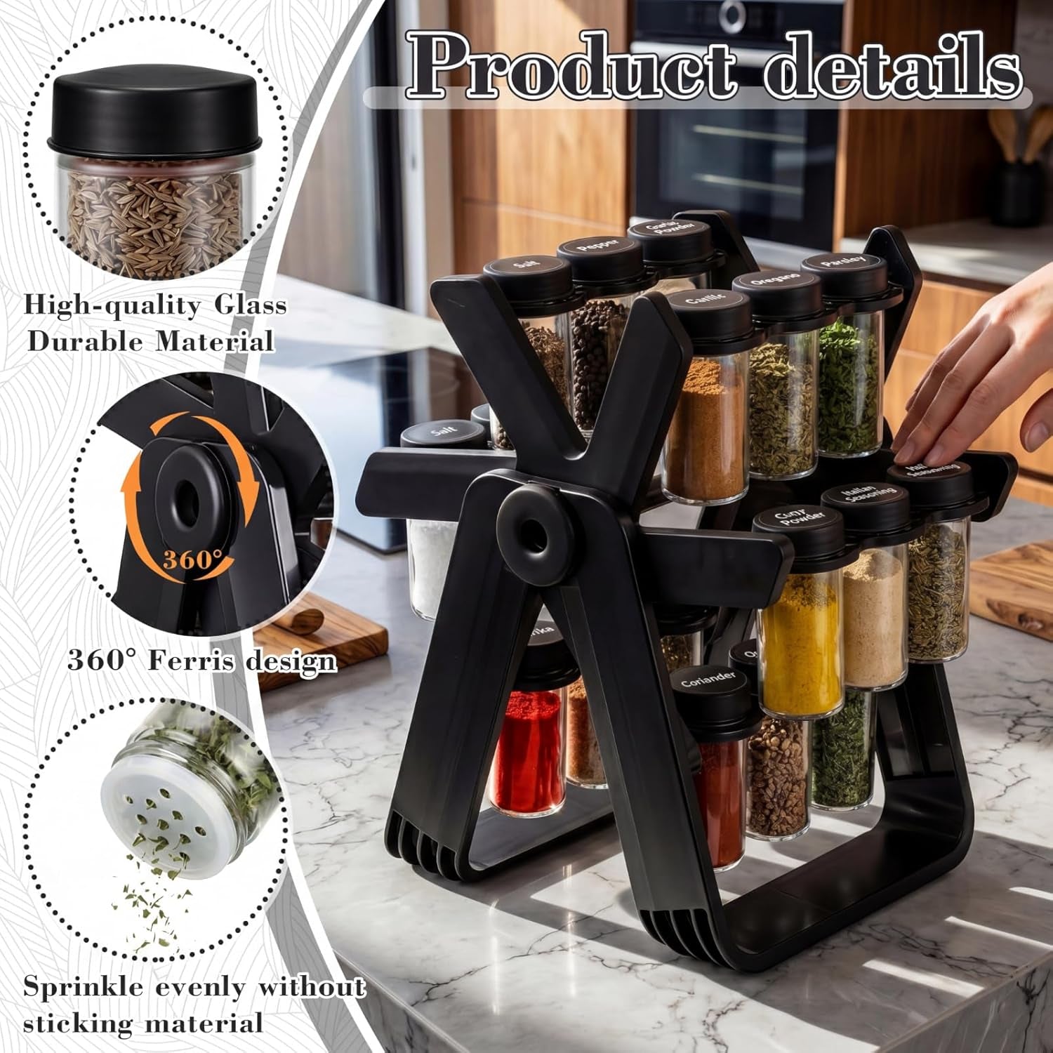 Ferris Wheel Rotating Spice Rack with 18 Empty Jars, Labelled Spice Containers, and Funnel - Revolving Seasoning Organizer for Kitchen Countertop and Cabinet Use