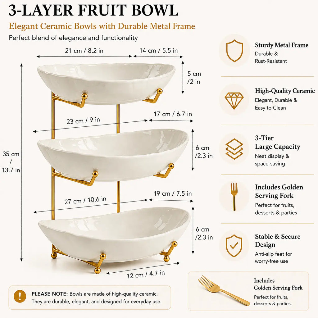 3-Tier Ceramic Fruit Bowl with Metal Stand, Large Countertop Fruit Organizer for Fruits, Vegetables, Snacks, Nuts & Desserts
