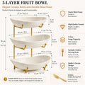3-Tier Ceramic Fruit Bowl with Metal Stand, Large Countertop Fruit Organizer for Fruits, Vegetables, Snacks, Nuts & Desserts