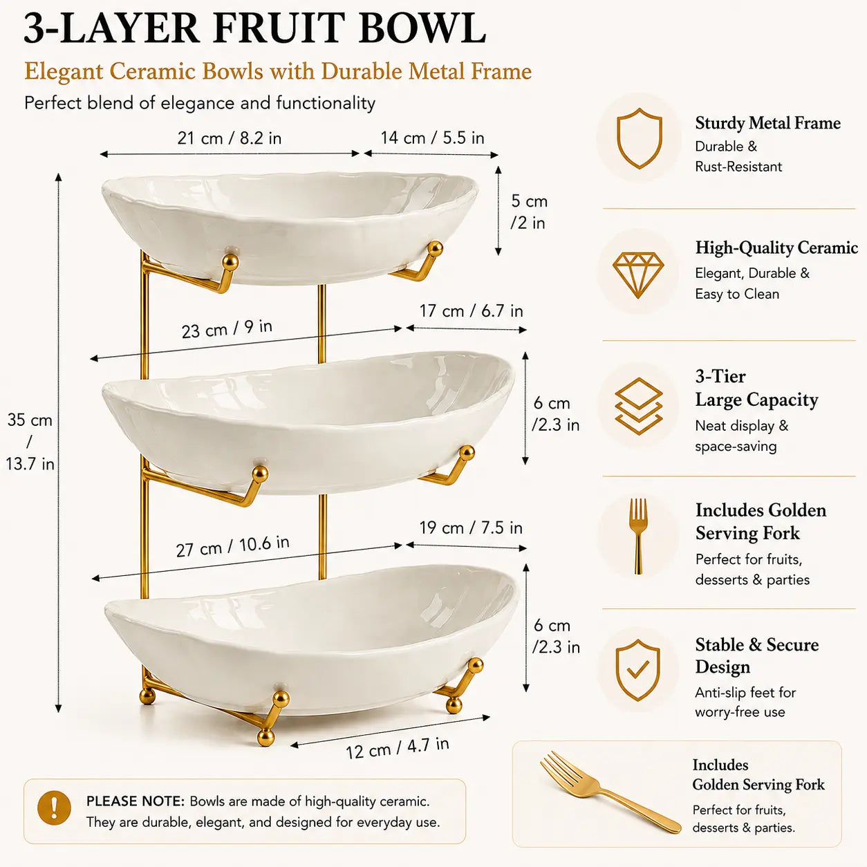 3-Tier Ceramic Fruit Bowl with Metal Stand, Large Countertop Fruit Organizer for Fruits, Vegetables, Snacks, Nuts & Desserts