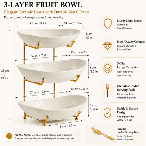 3-Tier Ceramic Fruit Bowl with Metal Stand, Large Countertop Fruit Organizer for Fruits, Vegetables, Snacks, Nuts & Desserts