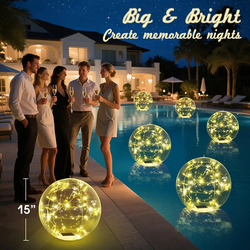 Solar Floating Pool Lights, 2 Pack 15 Inch Warm White Inflatable LED Pool Balls, IP68 Waterproof, Solar Powered Light Balls for Floating or Hanging, Pool and Patio Decor