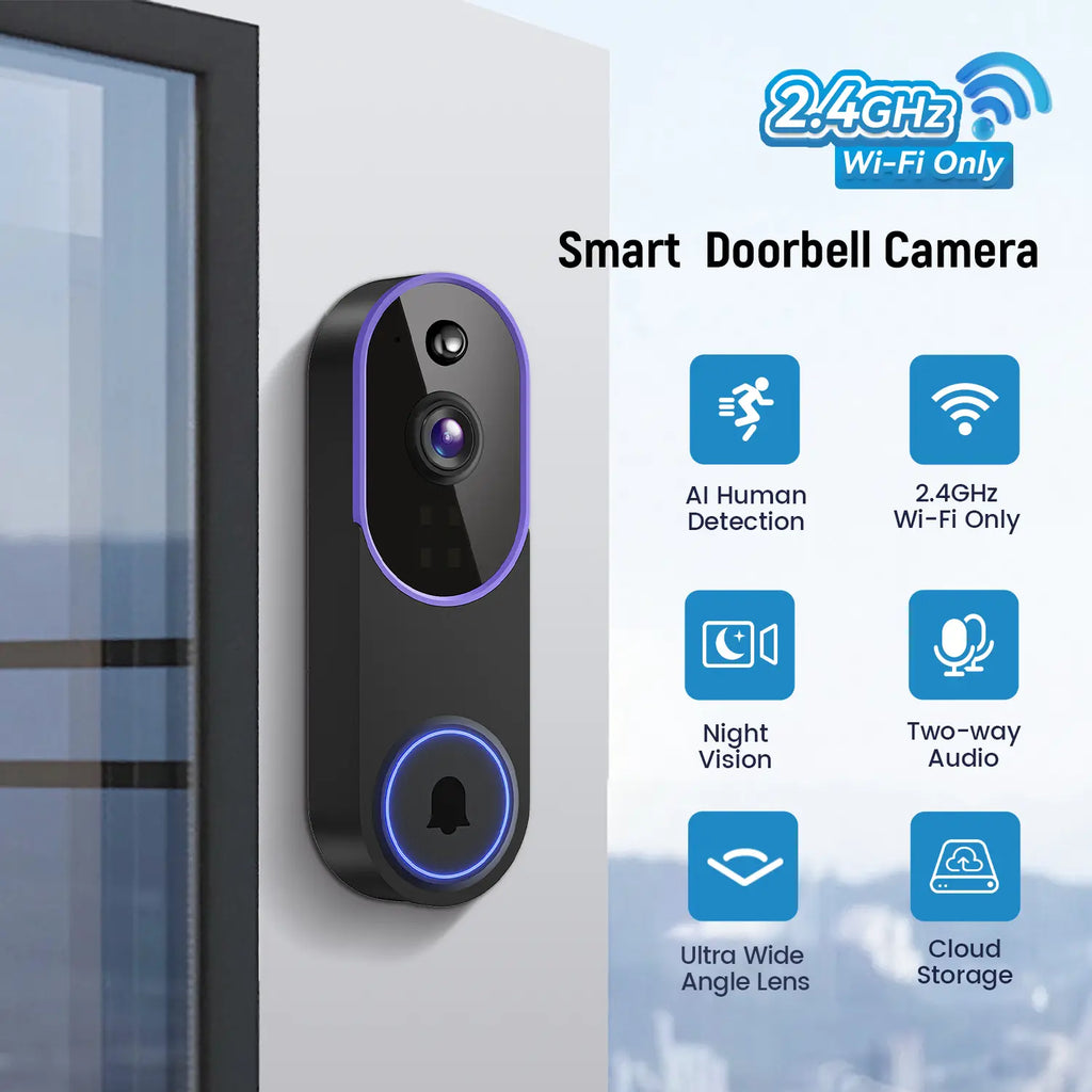 1080P Wireless Video Doorbell Camera, Al Human Detection, Live View, Cloud Storage, Night Vision, Two Way Audio, Instant Alert, 2.4G Wifi Only, Indoor/Outdoor Surveillance Cam for Home Security System