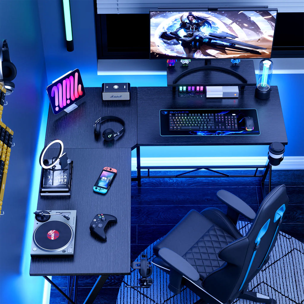 Level up your gaming setup with the Mr IRONSTONE L Shaped Gaming Desk! Perfect for your home office or gaming corner, featuring a sleek carbon fiber surface and a spacious monitor stand. Easy assembly and a great Father's Day gift! #GamingDesk #HomeOffice #FathersDayGift