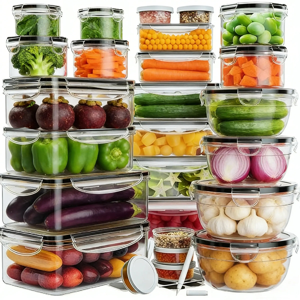 42Pcs Stackable Bpa-Free Plastic Food Storage Set - 21 Silicone-Sealed Containers (Square, Round, Rectangle) with 21 Lids, Leakproof, Airtight, Reusable, Labels, Marker & Utensils for Kitchen, Fridge Organization, Meal Prep, Food Hacks
