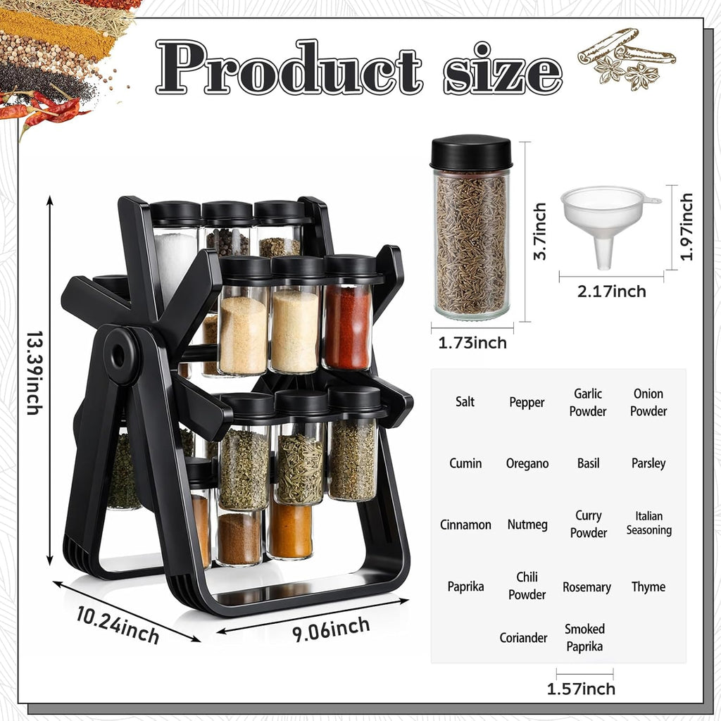 Ferris Wheel Rotating Spice Rack with 18 Empty Jars, Labelled Spice Containers, and Funnel - Revolving Seasoning Organizer for Kitchen Countertop and Cabinet Use