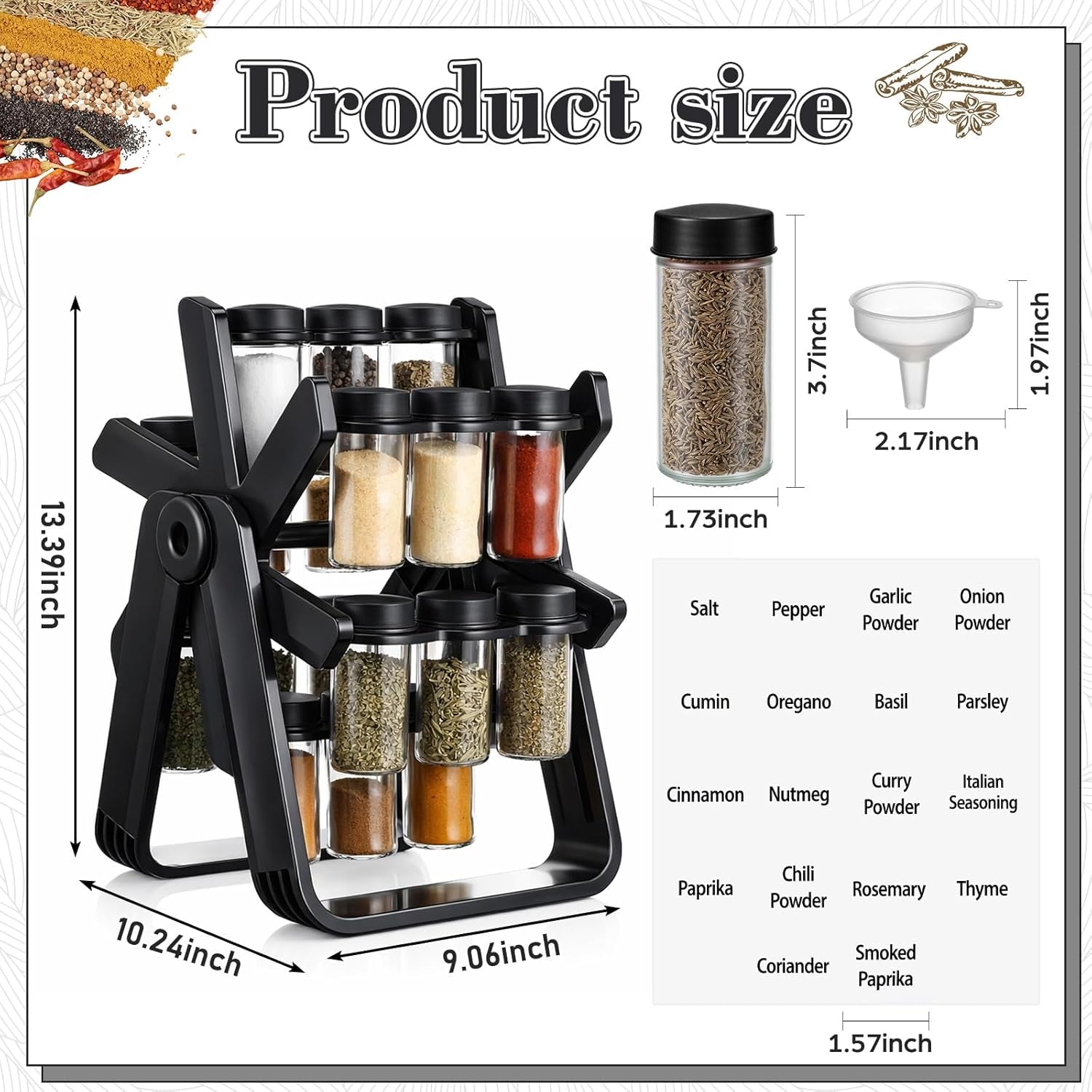 Ferris Wheel Rotating Spice Rack with 18 Empty Jars, Labelled Spice Containers, and Funnel - Revolving Seasoning Organizer for Kitchen Countertop and Cabinet Use