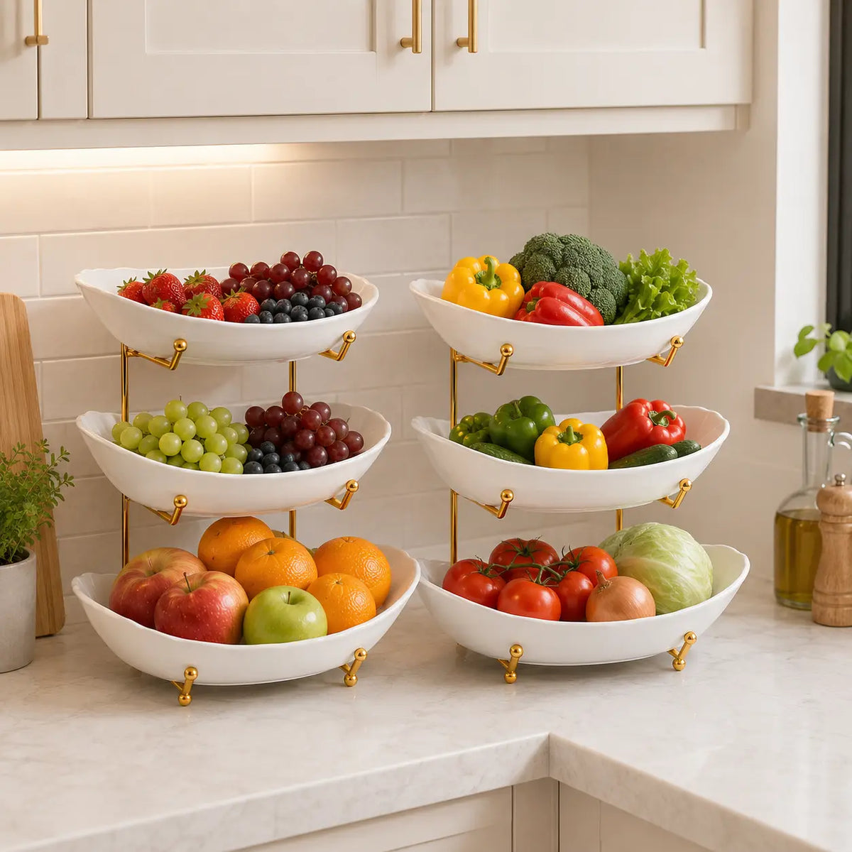 3-Tier Ceramic Fruit Bowl with Metal Stand, Large Countertop Fruit Organizer for Fruits, Vegetables, Snacks, Nuts & Desserts
