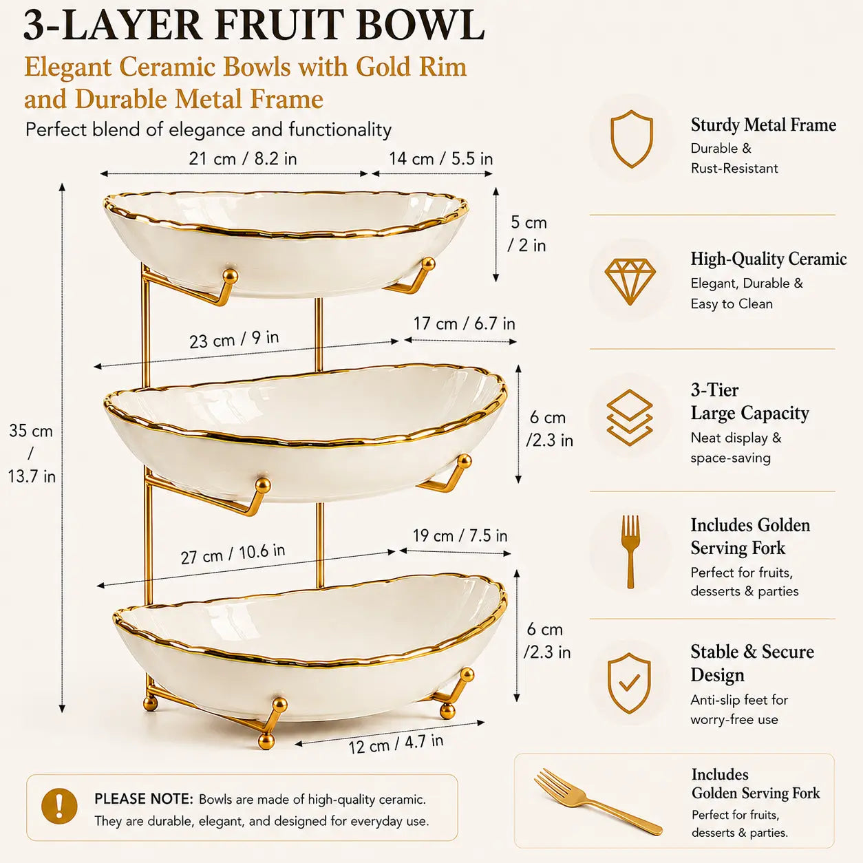 3-Tier Ceramic Fruit Bowl with Metal Stand, Large Countertop Fruit Organizer for Fruits, Vegetables, Snacks, Nuts & Desserts