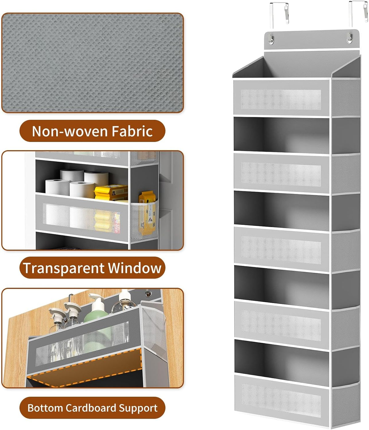 Over the Door Organizer, over the Door Storage with 5 Large 10 Side Pockets, Hanging Door Organizer 44 Lb Load behind Door Storage, Hanging Shelf for Closet Wall Bedroom Bathroom Nursery, 5-Tier Grey