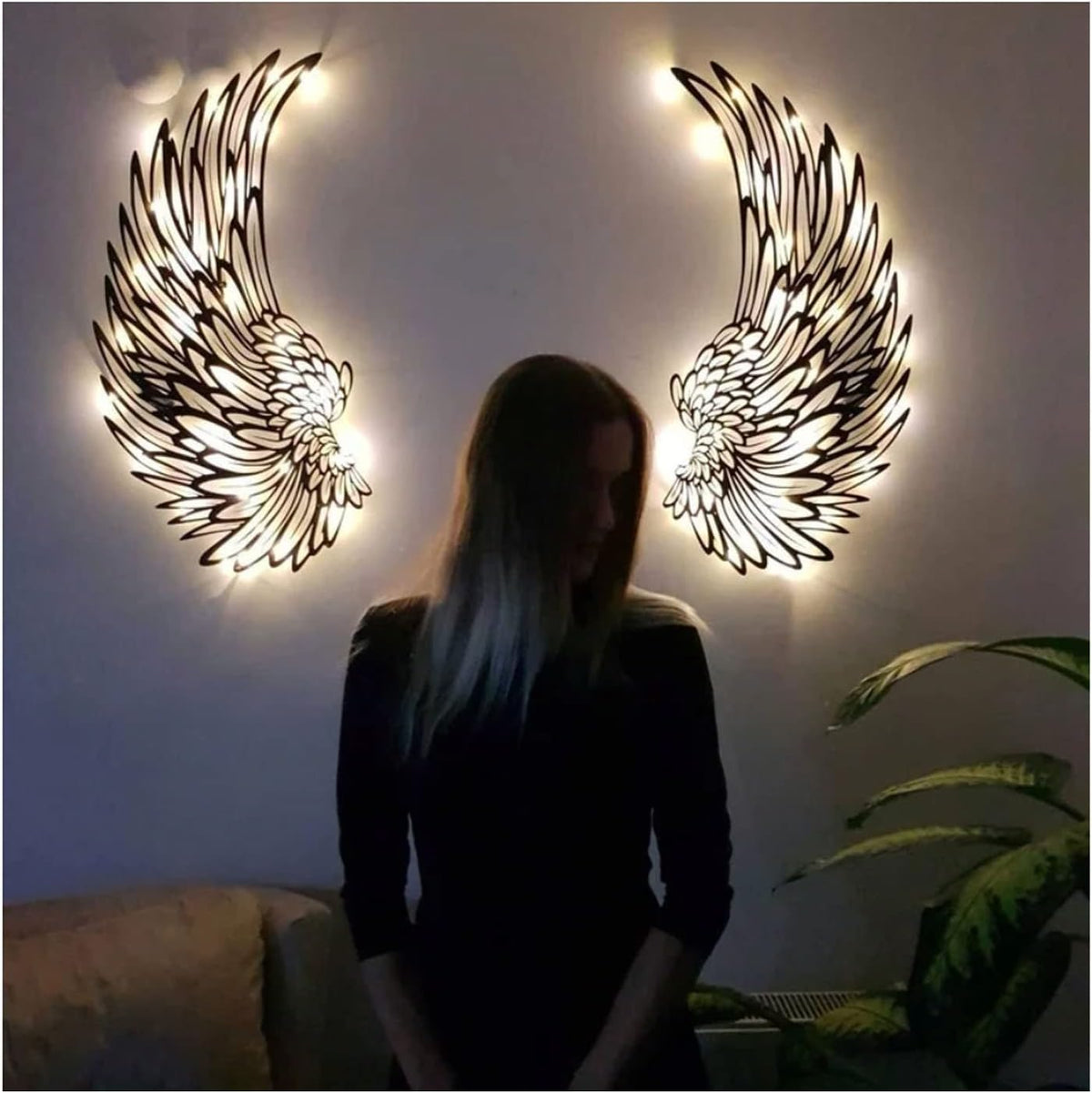 Angel Wings Metal Wall Art Decor with LED Lights - 3D Sculptures for Home, Bedroom, Living Room, Garden, and Office (12 Inches)