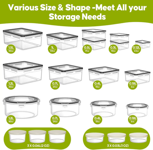 42Pcs Stackable Bpa-Free Plastic Food Storage Set - 21 Silicone-Sealed Containers (Square, Round, Rectangle) with 21 Lids, Leakproof, Airtight, Reusable, Labels, Marker & Utensils for Kitchen, Fridge Organization, Meal Prep, Food Hacks