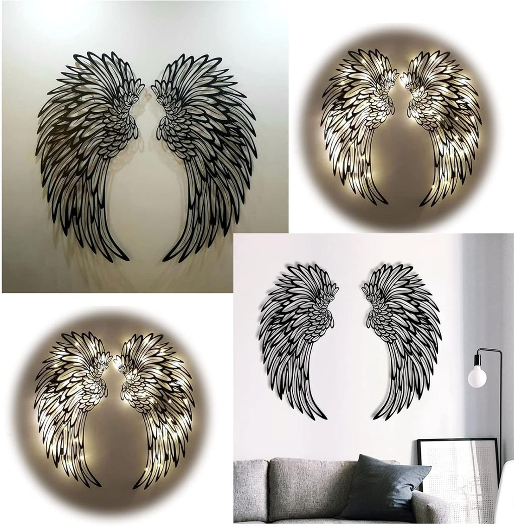Angel Wings Metal Wall Art Decor with LED Lights - 3D Sculptures for Home, Bedroom, Living Room, Garden, and Office (12 Inches)