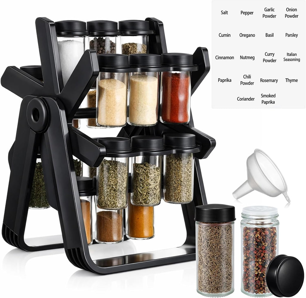 Ferris Wheel Rotating Spice Rack with 18 Empty Jars, Labelled Spice Containers, and Funnel - Revolving Seasoning Organizer for Kitchen Countertop and Cabinet Use