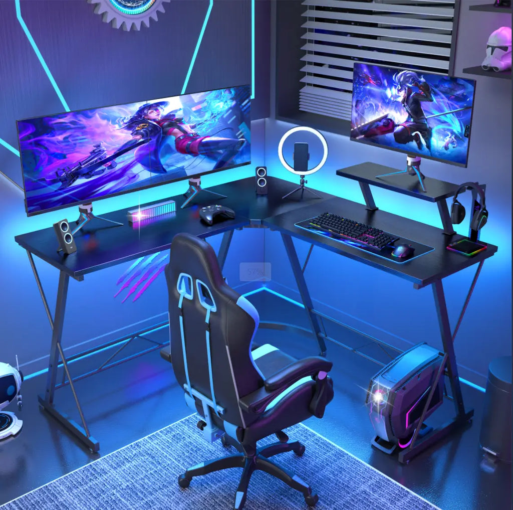 Level up your gaming setup with the Mr IRONSTONE L Shaped Gaming Desk! Perfect for your home office or gaming corner, featuring a sleek carbon fiber surface and a spacious monitor stand. Easy assembly and a great Father's Day gift! #GamingDesk #HomeOffice #FathersDayGift