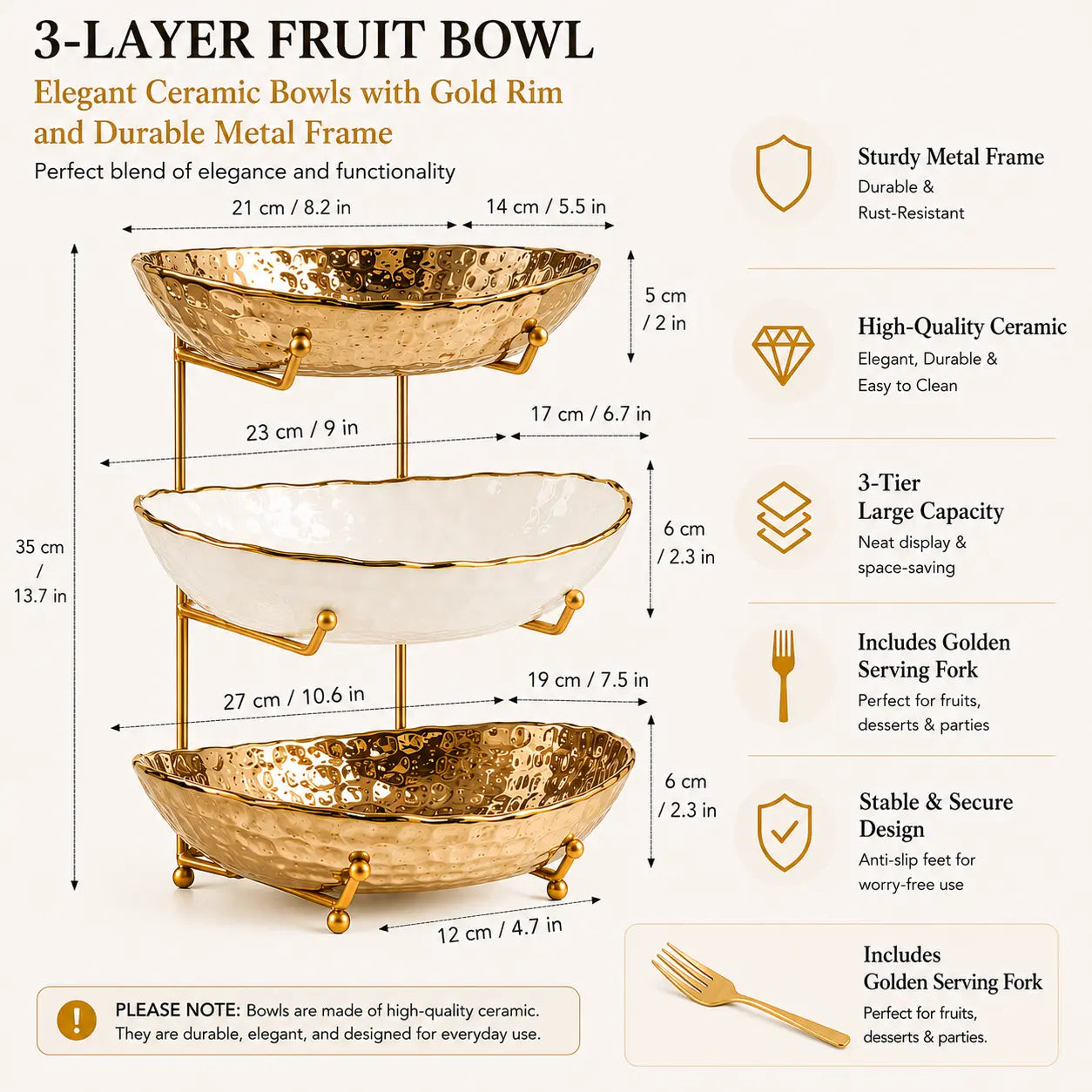 3-Tier Ceramic Fruit Bowl with Metal Stand, Large Countertop Fruit Organizer for Fruits, Vegetables, Snacks, Nuts & Desserts