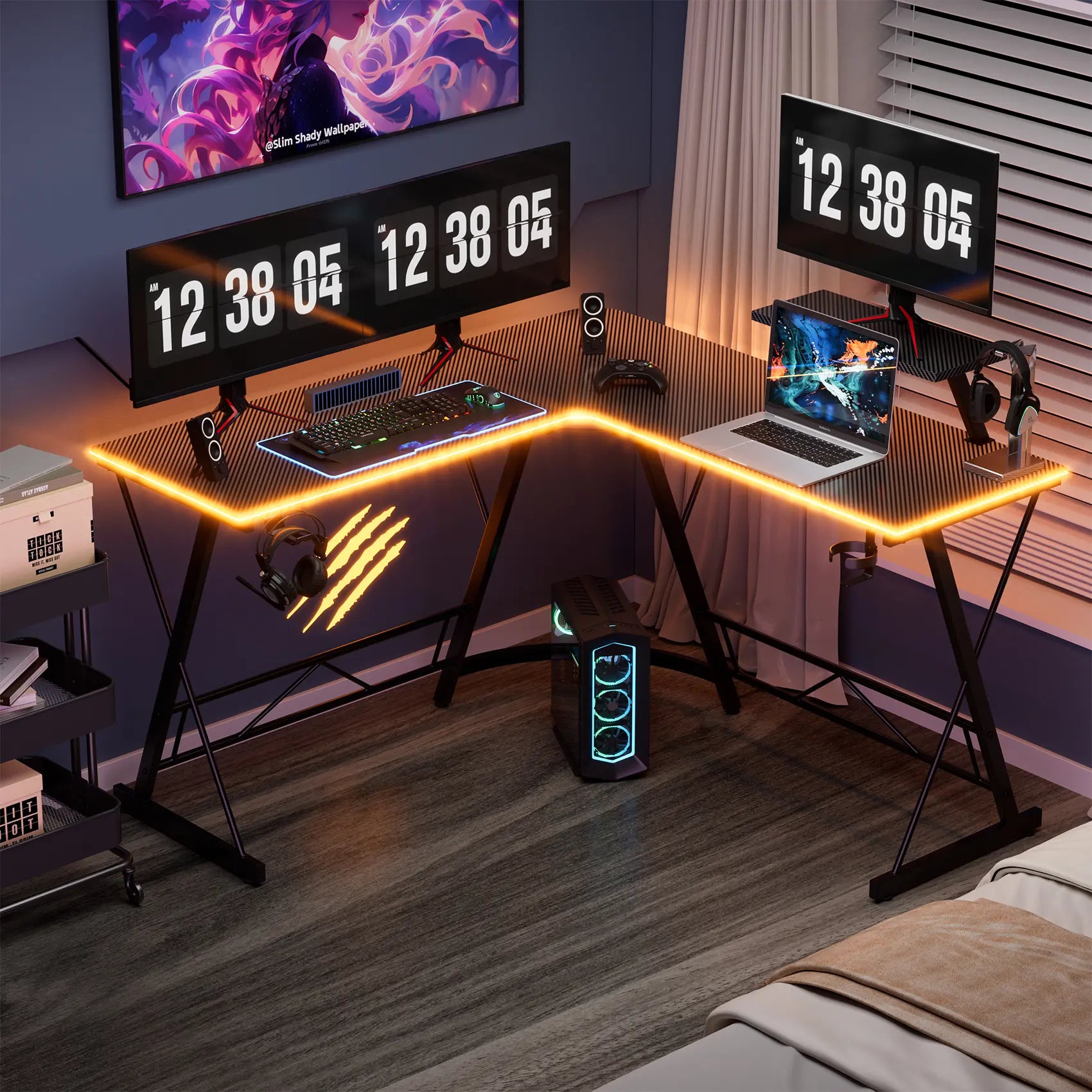 Level up your gaming setup with the Mr IRONSTONE L Shaped Gaming Desk! Perfect for your home office or gaming corner, featuring a sleek carbon fiber surface and a spacious monitor stand. Easy assembly and a great Father's Day gift! #GamingDesk #HomeOffice #FathersDayGift