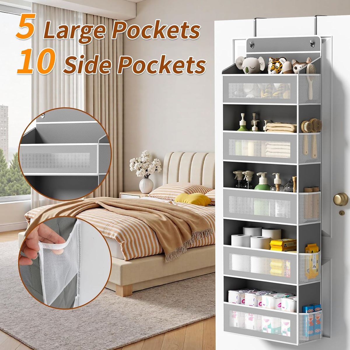 Over the Door Organizer, over the Door Storage with 5 Large 10 Side Pockets, Hanging Door Organizer 44 Lb Load behind Door Storage, Hanging Shelf for Closet Wall Bedroom Bathroom Nursery, 5-Tier Grey