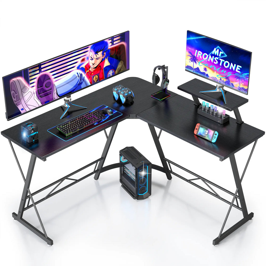 Level up your gaming setup with the Mr IRONSTONE L Shaped Gaming Desk! Perfect for your home office or gaming corner, featuring a sleek carbon fiber surface and a spacious monitor stand. Easy assembly and a great Father's Day gift! #GamingDesk #HomeOffice #FathersDayGift