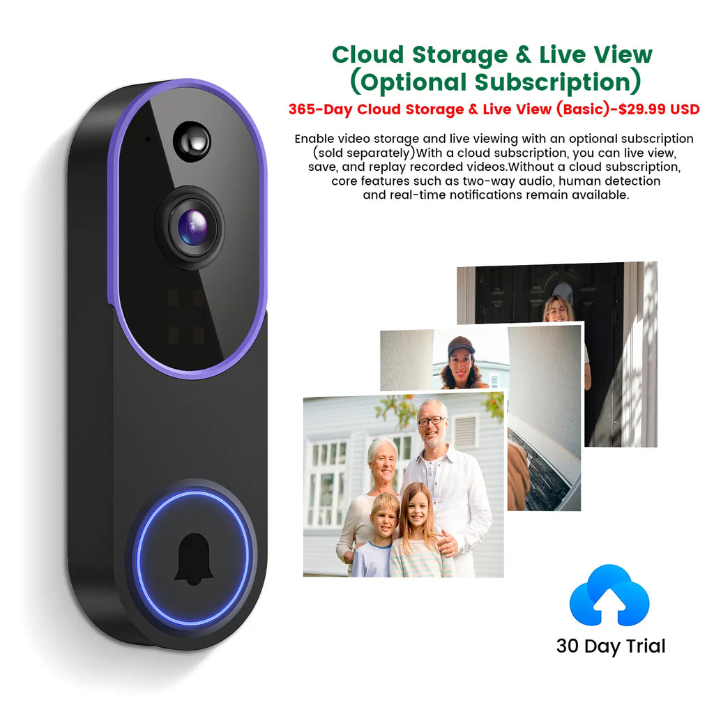 1080P Wireless Video Doorbell Camera, Al Human Detection, Live View, Cloud Storage, Night Vision, Two Way Audio, Instant Alert, 2.4G Wifi Only, Indoor/Outdoor Surveillance Cam for Home Security System