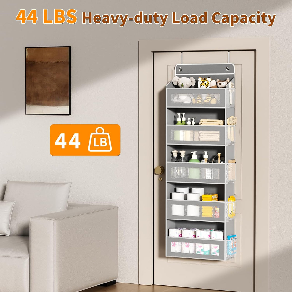 Over the Door Organizer, over the Door Storage with 5 Large 10 Side Pockets, Hanging Door Organizer 44 Lb Load behind Door Storage, Hanging Shelf for Closet Wall Bedroom Bathroom Nursery, 5-Tier Grey