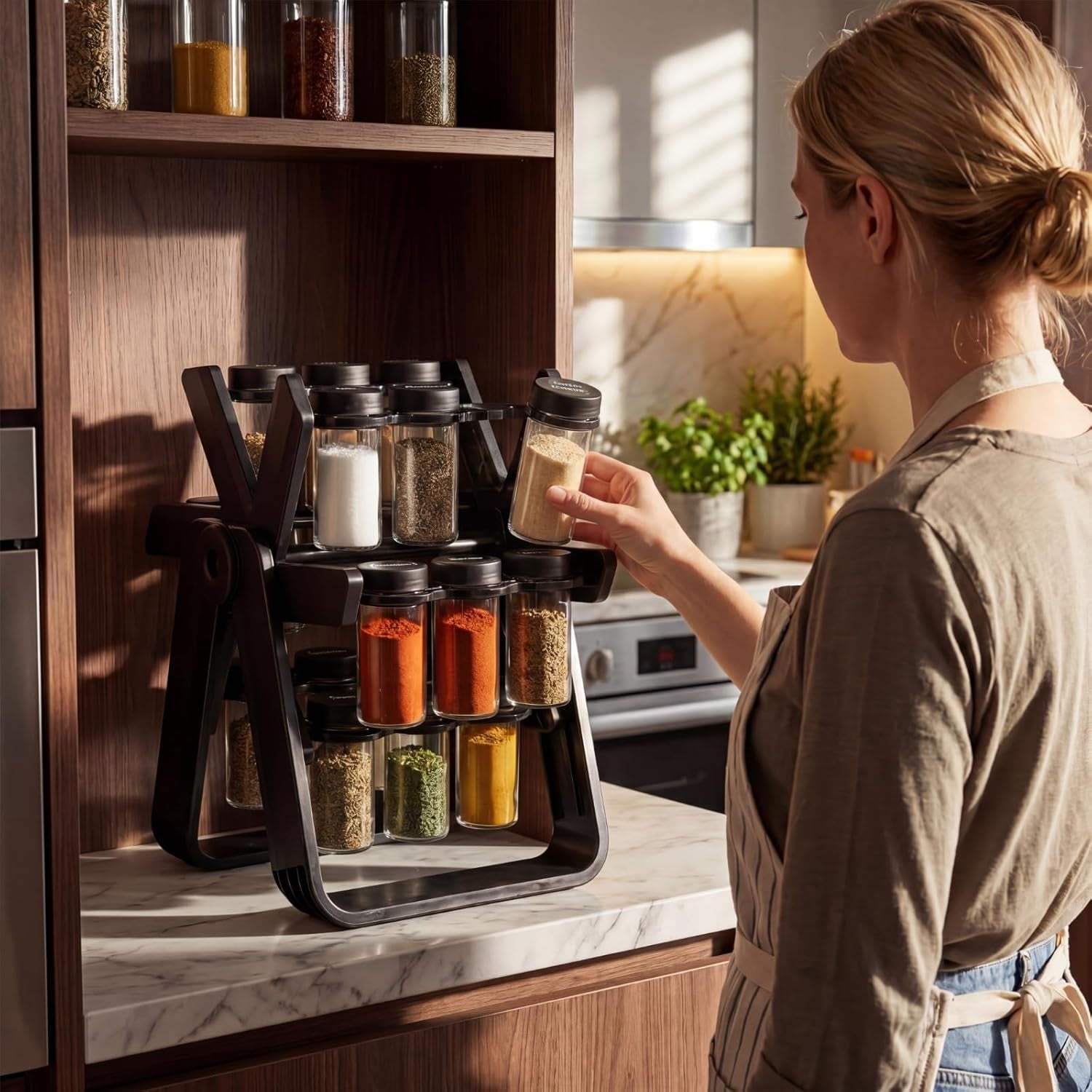 Ferris Wheel Rotating Spice Rack with 18 Empty Jars, Labelled Spice Containers, and Funnel - Revolving Seasoning Organizer for Kitchen Countertop and Cabinet Use