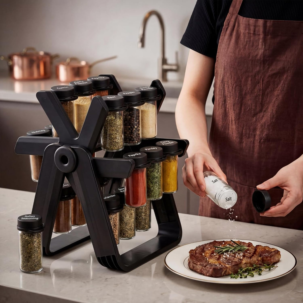 Ferris Wheel Rotating Spice Rack with 18 Empty Jars, Labelled Spice Containers, and Funnel - Revolving Seasoning Organizer for Kitchen Countertop and Cabinet Use