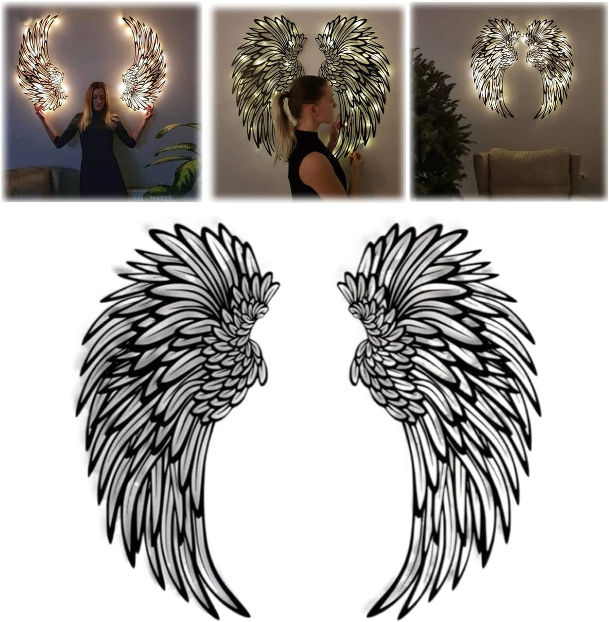 Angel Wings Metal Wall Art Decor with LED Lights - 3D Sculptures for Home, Bedroom, Living Room, Garden, and Office (12 Inches)