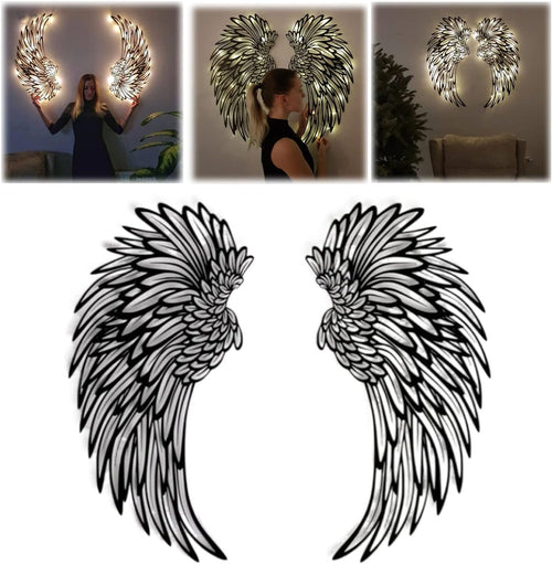 Angel Wings Metal Wall Art Decor with LED Lights - 3D Sculptures for Home, Bedroom, Living Room, Garden, and Office (12 Inches)