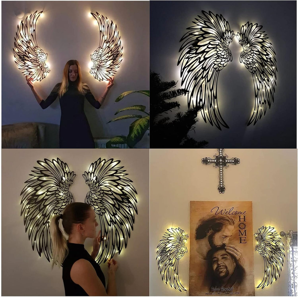Angel Wings Metal Wall Art Decor with LED Lights - 3D Sculptures for Home, Bedroom, Living Room, Garden, and Office (12 Inches)