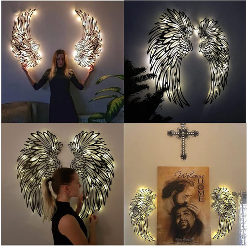 Angel Wings Metal Wall Art Decor with LED Lights - 3D Sculptures for Home, Bedroom, Living Room, Garden, and Office (12 Inches)